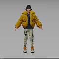3D Character Design Wearing Black Cap Yellow Puffer Jacket And White Pants With Biological Patterns