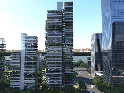 Modern High Rise Office Building With Vertical Greenery and Glass Curtain Walls in Urban Cityscape 3d model