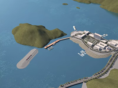 Modern Industrial Factory Complex Near Coastal Seaport With Island And Transportation Hub Facilities 3d model