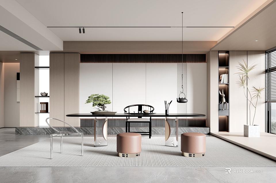 Modern Tea Room Interior With Long Table Chairs Pendant Lights And Green Plants 3d model 