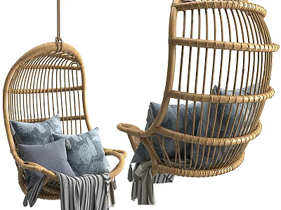 Cozy Rattan Hanging Chair With Gray Cushions And Soft Blanket For Indoor Decor 3d model