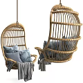 Cozy Rattan Hanging Chair With Gray Cushions And Soft Blanket For Indoor Decor