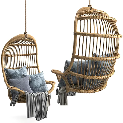 Cozy Rattan Hanging Chair With Gray Cushions And Soft Blanket For Indoor Decor 3d model