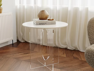 Modern Side Table With White Round Top Transparent Acrylic Base And Decorative Books Jar 3d model