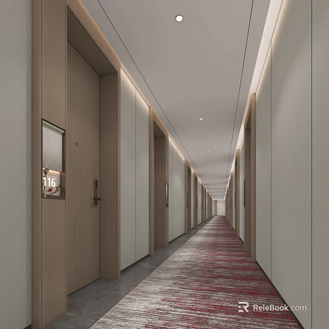 Elegant Long Hotel Corridor Interior With Wooden Doors Red Carpet And Lighting 3d model 