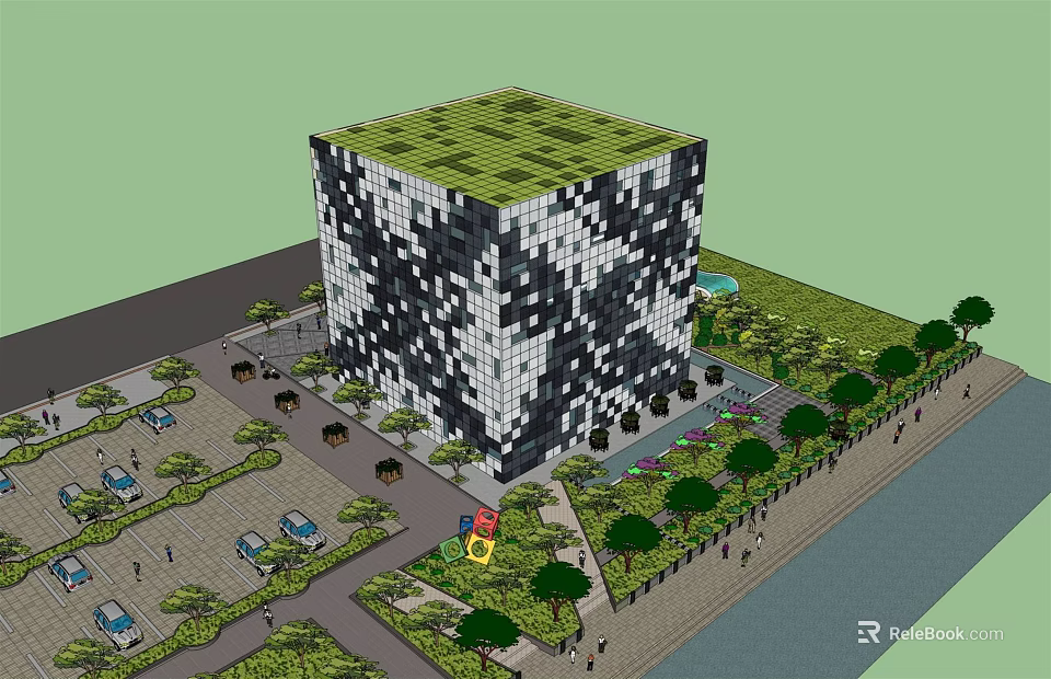 Modern Office Building With Black White Square Facade Green Roof And Landscaping 3d model 