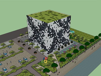 Modern Office Building With Black White Square Facade Green Roof And Landscaping 3d model