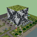 Modern Office Building With Black White Square Facade Green Roof And Landscaping