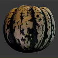 Colorful Striped Spotted Pumpkin With Yellow Orange Black Green Hues On Black Background With Reflection
