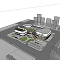 Modern Urban Commercial Complex With Green Roof Design And Retail Dining Spaces
