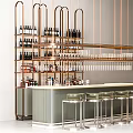 Modern Bar Counter With Hanging Wine Racks Wine Bottles Glasses And Bar Stools
