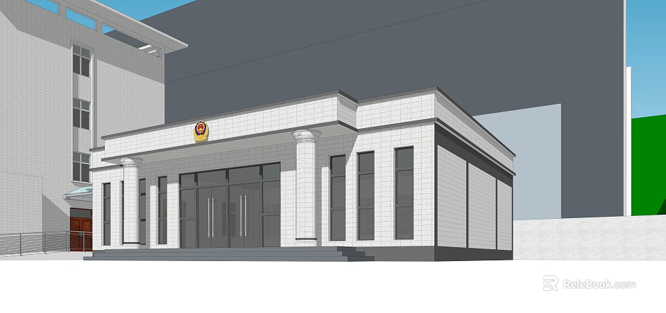 White Office Building Exterior With Classical Columns Entrance Steps And Institutional Emblem 3d model 