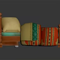 Wooden Single Bed With Yellow Pillow Colorful Striped Quilt And Wooden Posts
