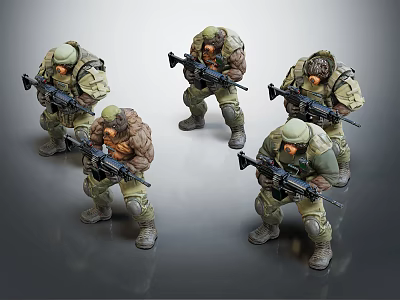 Multiple Military Style Game Movie Characters Holding Guns In Action Poses With Uniforms 3d model