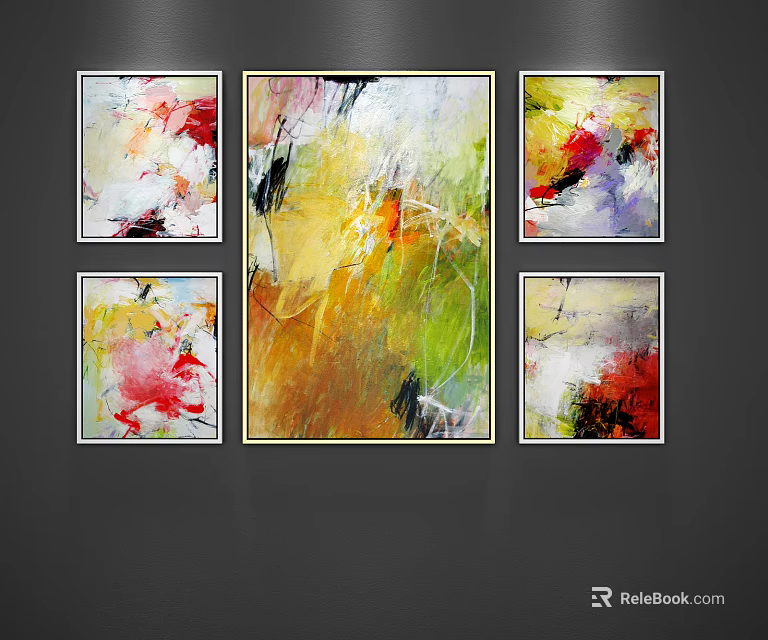 Vibrant Abstract Paintings Five Piece Set with Red Yellow Green Hues for Wall Decor 3d model 