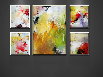 Vibrant Abstract Paintings Five Piece Set with Red Yellow Green Hues for Wall Decor 3d model