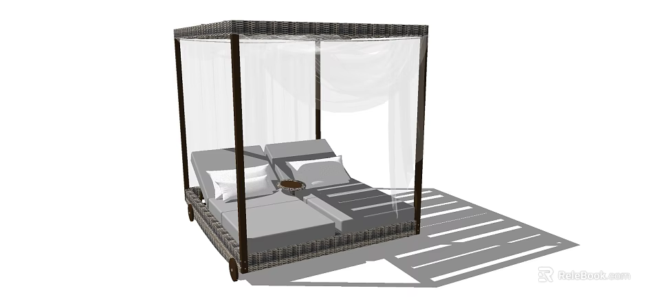 Wicker Four Poster Outdoor Sofa with White Canopy Cushions and Side Table 3d model 