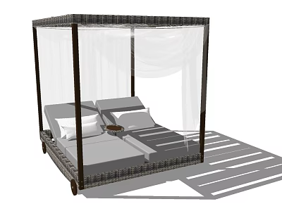 Wicker Four Poster Outdoor Sofa with White Canopy Cushions and Side Table 3d model