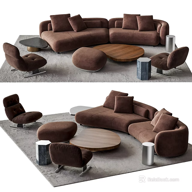 Modern Sofa And Coffee Table Set With Round Wooden Top Ottoman And Accent Chairs 3d model 