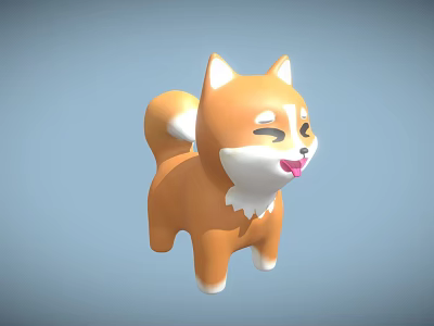 3D Shiba Inu Toy Cartoon Style Orange White Fur Winking Tongue Out Blue Background 3d model