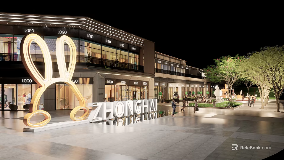 Modern Commercial Plaza Landscape With ZHONGHAI Signage Building Facade Lighting And Pedestrians 3d model 