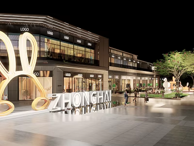 Modern Commercial Plaza Landscape With ZHONGHAI Signage Building Facade Lighting And Pedestrians 3d model