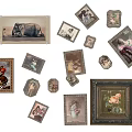 Vintage And Modern Picture Frames With Various Artworks Portraits Animals And Flowers