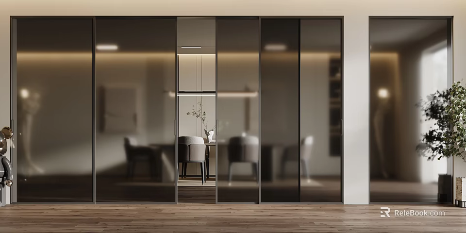 Modern Glass Sliding Doors For Sleek Interior Dining Area With Wooden Floor 3d model 