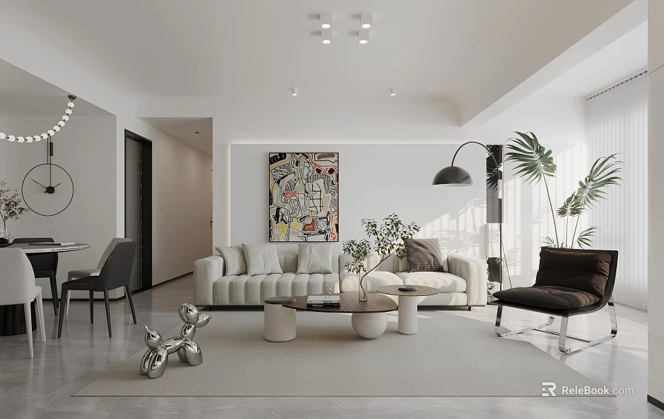 Modern Living And Dining Room Interior With Sofa Coffee Tables Decorative Painting Floor Lamp And Plants 3d model 