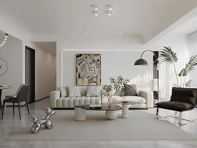 Modern Living And Dining Room Interior With Sofa Coffee Tables Decorative Painting Floor Lamp And Plants 3d model