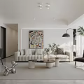 Modern Living And Dining Room Interior With Sofa Coffee Tables Decorative Painting Floor Lamp And Plants