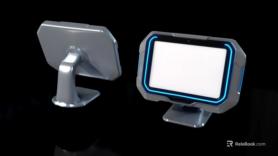 Modern Computer Monitor With Silver Stand Blue LED Border And White Screen 3d model 