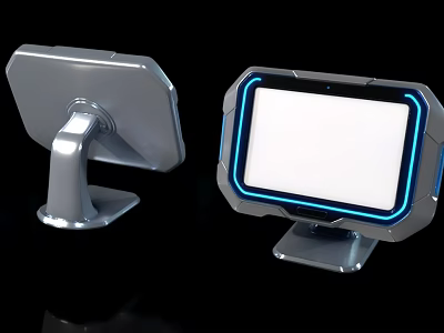 Modern Computer Monitor With Silver Stand Blue LED Border And White Screen 3d model