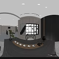 Indoor Golf Practice Room With Simulation Screen Green Turf And Golf Clubs