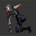 Hooded Red Haired 3D Warrior in Armor Kneeling with Purple Accents Combat Stance