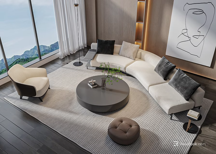 Modern Sectional Sofa And Round Coffee Table Set With Gray Black Cushions And Mountain View 3d model