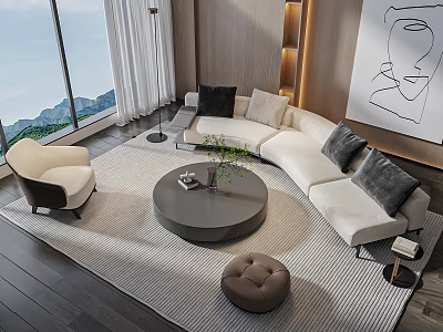 Modern Sectional Sofa And Round Coffee Table Set With Gray Black Cushions And Mountain View 3d model