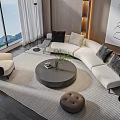 Modern Sectional Sofa And Round Coffee Table Set With Gray Black Cushions And Mountain View 3d model