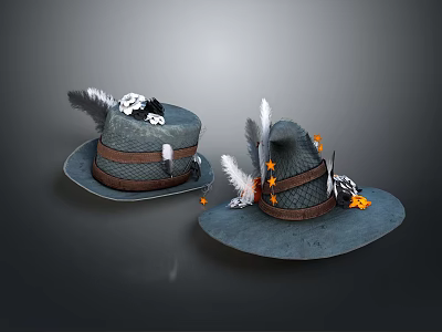 Stylish Blue Wide Brim Hats with Feather Decorations and Brown Straps 3d model