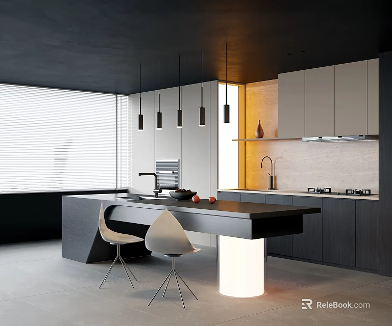 Stylish Modern Open Kitchen Interior With Black Bar Counter Chairs And Pendant Lighting 3d model 