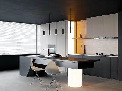 Stylish Modern Open Kitchen Interior With Black Bar Counter Chairs And Pendant Lighting 3d model