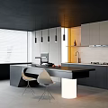 Stylish Modern Open Kitchen Interior With Black Bar Counter Chairs And Pendant Lighting