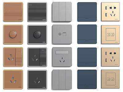 Various Colored Modern Switch Panels With Different Designs And Socket Types 3d model