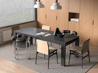 Black Dining Table With Chairs Wooden Cabinets Window Blinds Pendant Lights Magazine And Bowl 3d model