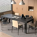 Black Dining Table With Chairs Wooden Cabinets Window Blinds Pendant Lights Magazine And Bowl