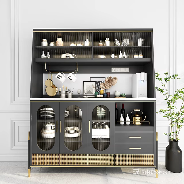Elegant Modern Sideboard Design With Gold Accents Dishes Wine Bottles And Coffee Machine 3d model 