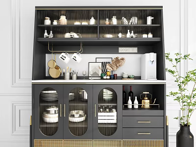 Elegant Modern Sideboard Design With Gold Accents Dishes Wine Bottles And Coffee Machine 3d model
