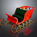Red Decorative Sleigh Featuring Green Cushioned Seat Golden Accents Curved Runners And Gifts