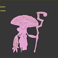 Detailed Golden Mushroom Shaped Sculpture Featuring Humanoid Figure With Curved Staff And Small Creature