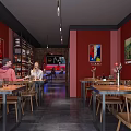 Intimate Restaurant Interior With Dining Tables Chairs Wall Paintings Red Decor And Diners